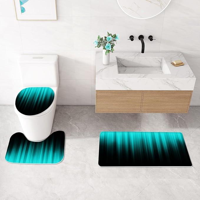 Litabel 4 Pcs Teal and Black Gradient Shower Curtain Set with Rugs and Toilet Lid Cover, Modern Simple Waterproof Fabric Bathroom Set, Ombre Stripe Gothic Abstract Bathroom Decor Set Accessories - ModernBath