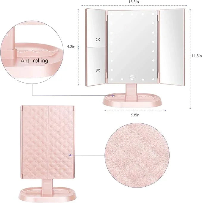 deweisn Trifold Lighted Vanity Makeup Mirror with 21 LED Lights,1x/2x/3x Magnification and Touch Screen Dimming,Two Power Supplies Makeup Mirror, Gift for Women - ModernBath