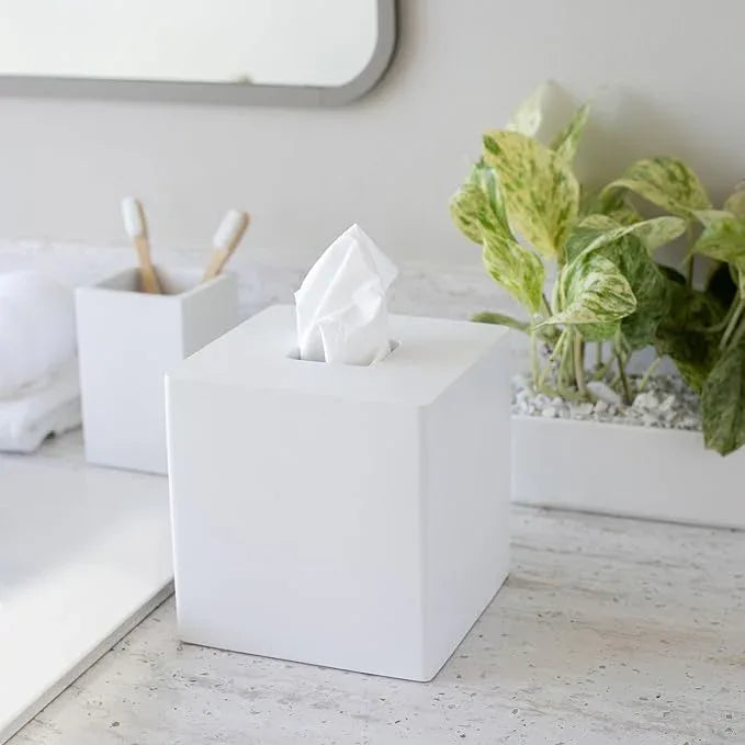 Yew Design Matte White Square Tissue Box Cover, Decorative Tissue Box Dispenser for Bathroom, Parlors, Office, Bedroom Dresser, Vanity Countertop, Nightstand, Car, and Desk - ModernBath