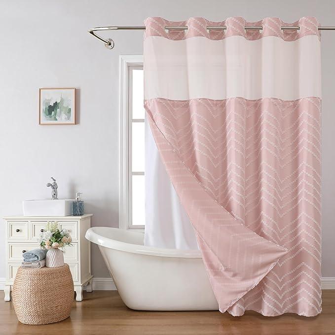Blush Pink No Hook Shower Curtain with Snap-in Liner Set,Boho Modern Farmhouse White Tufted Chevron Striped Design,Woven Fabric Bathroom Curtain,71x74 - ModernBath