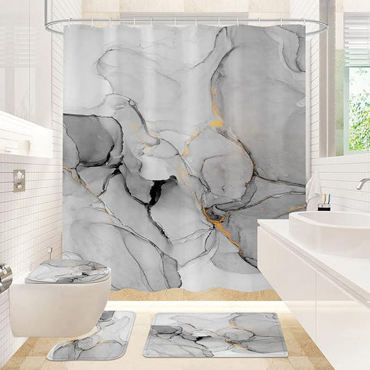Gibelle 4 Pcs Bathroom Shower Curtain Set with Non-Slip Rugs, Toilet Lid Cover and Bath Mat, Grey Marble Bathroom Decor Set with Shower Curtain and Rugs and Accessories - ModernBath
