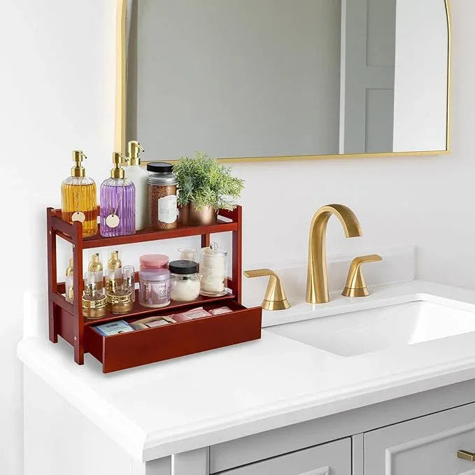 Sorbus Bamboo Bathroom Counter Organizer – 2-Tier Shelf with Hidden Drawer for Vanity, Matcha Station, Bathroom Sink Organizer Countertop, Kitchen & Office Storage (17″ L x 6.5″ W x 12.6″ H) (Brown) - ModernBath
