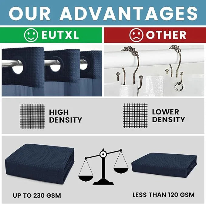 EUTXL Navy Blue Stall No Hook Shower Curtain with Snap in Liner,230GSM Waffle Weave Shower Curtains for Bathroom,54W x 80H - ModernBath