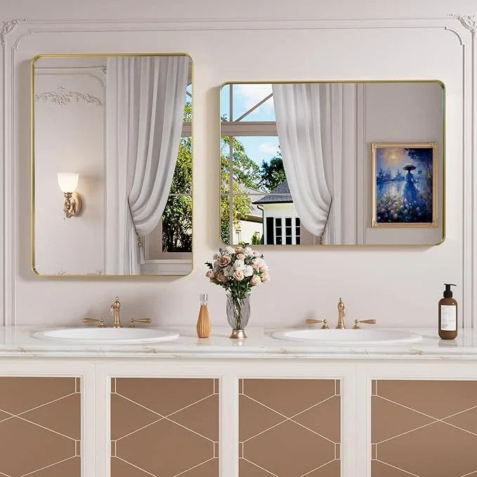 JISOSO Gold Bathroom Mirror, 22x30 Inch Brushed Gold Metal Frame Mirror for Wall, Rounded Rectangle Bathroom Vanity Mirror, Tempered Glass, Anti-Rust, Horizontal/Vertical - ModernBath