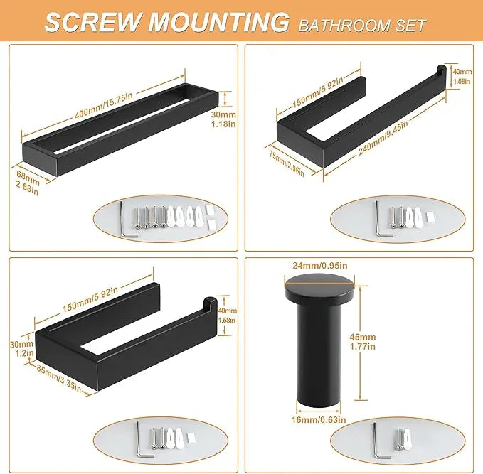 SAYAYO 7-Piece Bathroom Hardware Set Black, Includes 16 Inch Towel Bar, Towel Ring, Toilet Paper Holder & 4Pcs Coat Hooks Wall Mount, Towel Racks for Bathroom Accessories Set SUS304 Stainless Steel - ModernBath