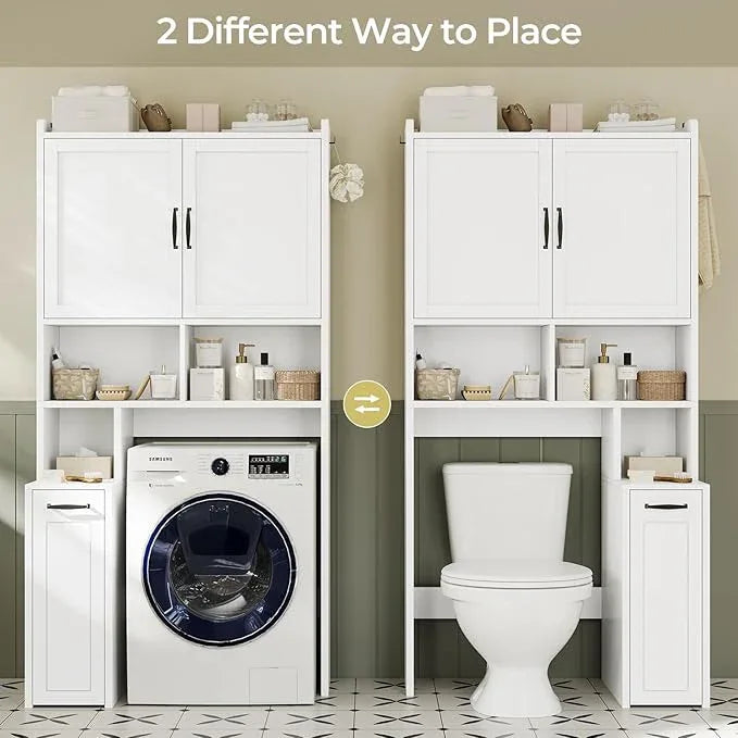 Over The Toilet Storage Cabinet with Pulley Small Bathroom Storage Cabinet, Space Saver W/Adjustable Shelf & Open Shelf for Bathroom, Restroom, Laundry (White) - ModernBath