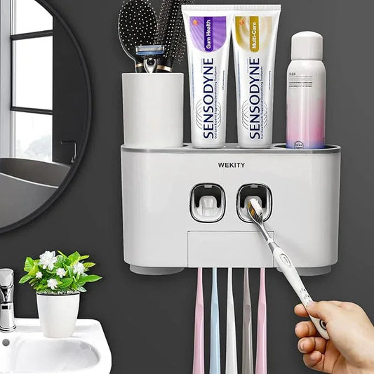 Toothbrush Holder WREWING Multi-Function Wall-Mounted Automatic Toothpaste Dispenser and Dust-Proof Toothbrush Holder with 5 Brush Slots 4 Cups 2 Automatic Toothpaste Dispensers 1 Storage Slot (Grey) - ModernBath