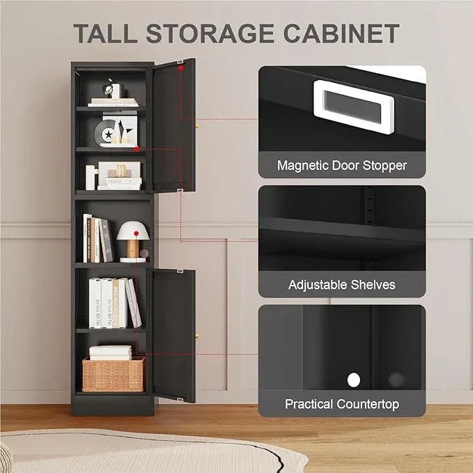 Metal Bathroom Storage Cabinet, 67" Tall Narrow Freestanding Floor Cabinet with Adjustable Shelves and Open Compartment, Slim Metal Locker for Laundry, Kitchen, Dining Room - ModernBath