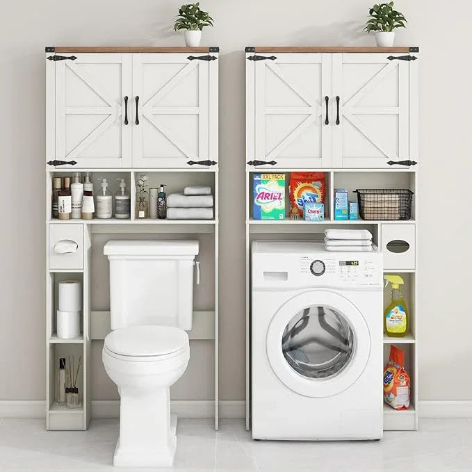 Vabches Over The Toilet Storage Cabinet, Farmhouse Storage Cabinet Over Toilet with 2 Barn Doors && Toilet Paper Holder Stand，Home Space-Saving Toilet Rack, for Laundry, Restroom, Bathroom - ModernBath