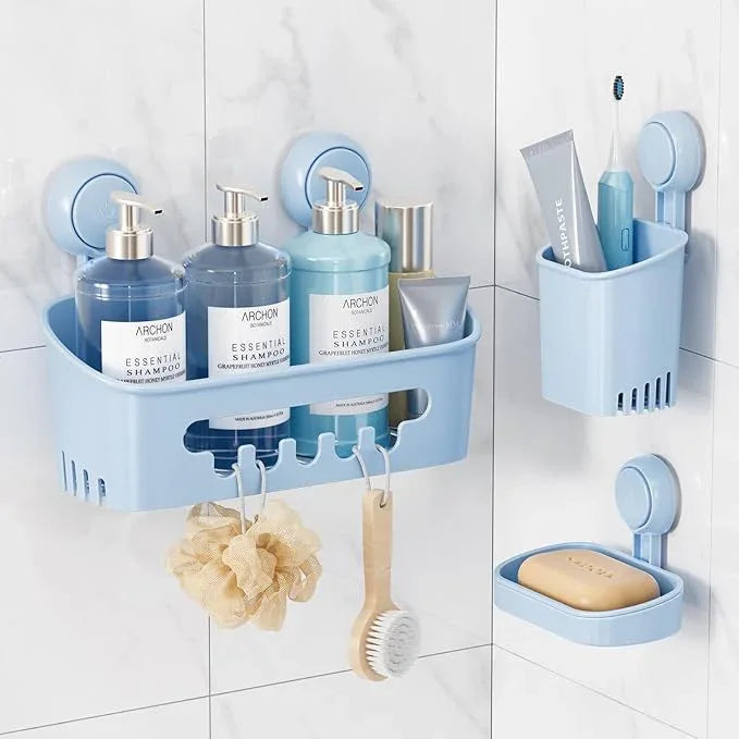 LEVERLOC Shower Caddy Suction Cup Set Shower Organizer & Soap Holder & Toothbrush Holder, Bathroom Shelf Basket NO-Drilling, Removable Suction Storage Waterproof Bathroom Caddy, Blue - ModernBath