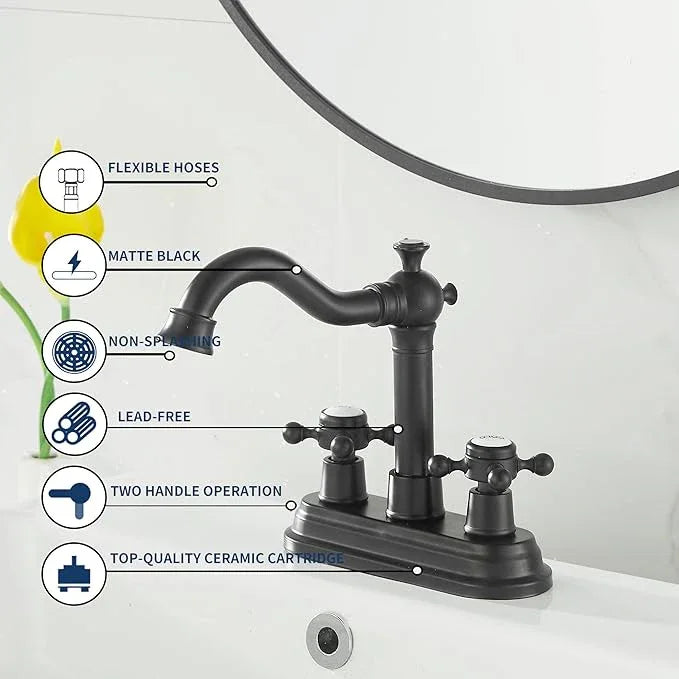 GGStudy Bathroom Faucet Matte Black 2 Handles 4 Inches Centerset Black Bathroom Vanity with Drain Assembly and Supply Hose Lavatory Faucet - ModernBath