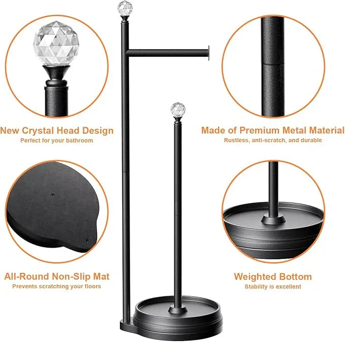 Toilet Paper Holder for Bathroom, Heavy Weighted Metal Free Standing Toilet Paper Holder Stand with Crystal Ball, Toilet Paper Roll Stand for Bathroom Accessories (Matte Black) - ModernBath