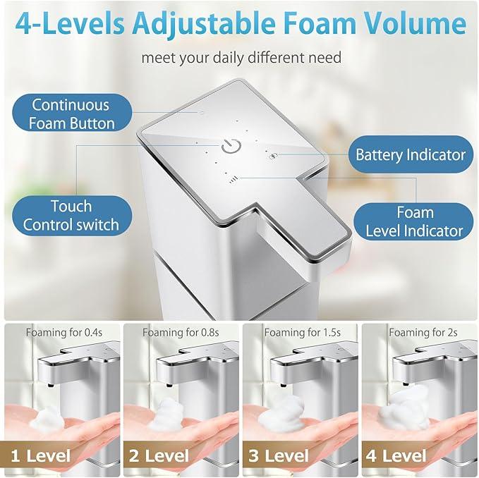 JEMISUN Automatic Foaming Soap Dispenser Touchless 380ml/12.8oz Rechargeable Hand Soap Dispenser Wall Mounted 4 Levels Adjustable Foam Soap Pump for Bathroom Kitchen Dish Soap - ModernBath