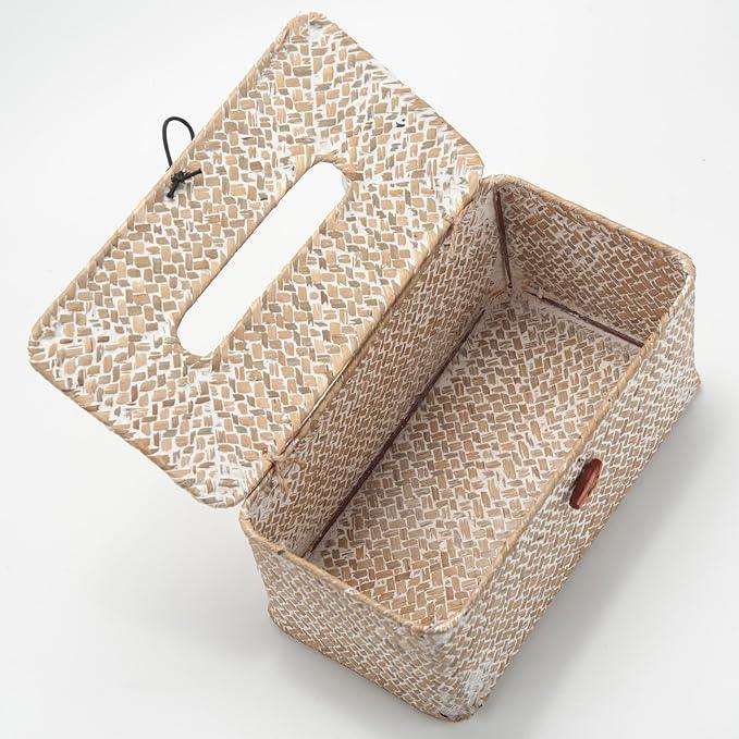 Seagrass Tissue Box Cover Rectangular Woven Napkin Holder Decorative for Bathroom Farmhouse (Whitewash, 10 x 5.5 x 4.2 Inch) - ModernBath