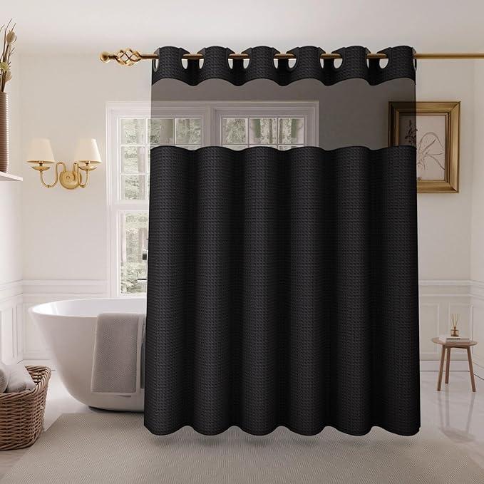 Inhousolu Stall No Hook Shower Curtain with Snap in Fabric Liner Set Waffle Weave 230GSM Weighted Hem, Waterproof & Washable Bathroom Curtain Spa Luxury with Mesh Top Window 60" W x 72" L Black - ModernBath