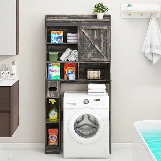 Over The Toilet Storage Cabinet, Farmhouse Storage Cabinet Over Toilet with Sliding Doors & Toilet Paper Holder Stand，Home Space-Saving Toilet Rack, for Bathroom, Laundry(Dark Grey) - ModernBath
