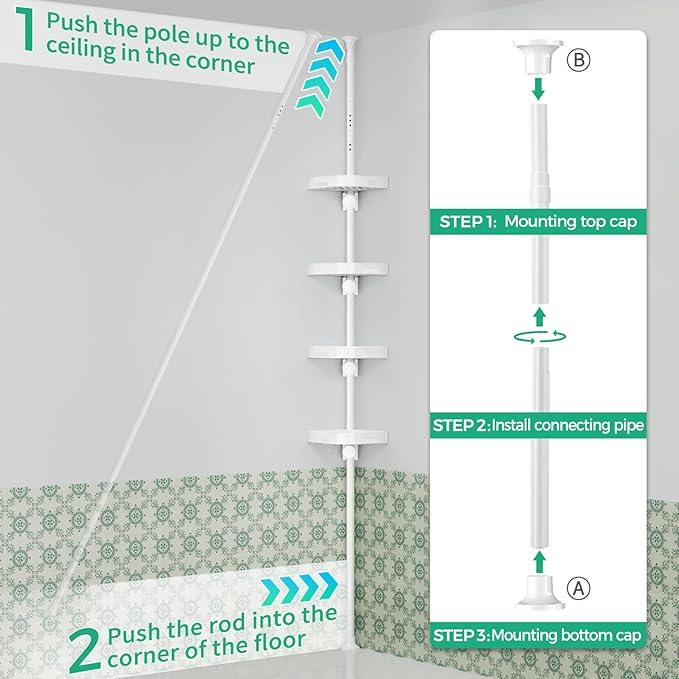 shuang qing 4-Tier Corner Shower Caddy Tension Pole Organizer - Adjustable Rustproof Metal Tension Pole, Plastic Shelves with Safety Guardrail, Bathroom Storage for Shower & Bathtub(White) - ModernBath