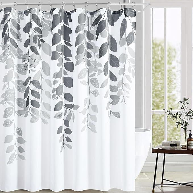 BOODII Exera Long Shower Curtain 72x84, Grey Eucalyptu Shower Curtain for Bathroom Floral Watercolor Leaves Botanical Nature Fabric Bath Curtains Country Plant Cloth - ModernBath