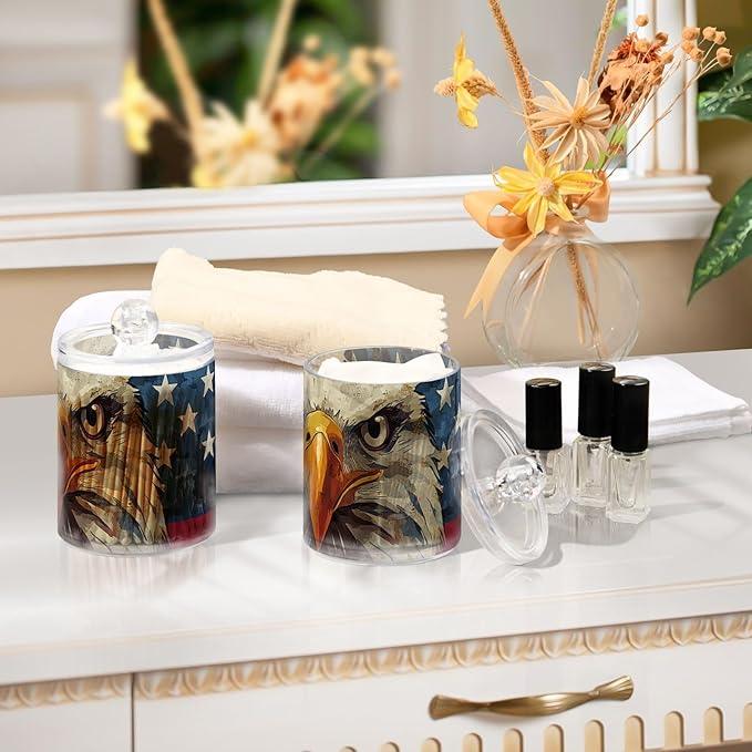 Tatenale Qtip Holder Bathroom Set Q tip Cotton Ball Swab Pad Dispenser Container Organizer Plastic Jars with Lids Storage 2Pack 4th Of July Flag in Eagle Blue - ModernBath
