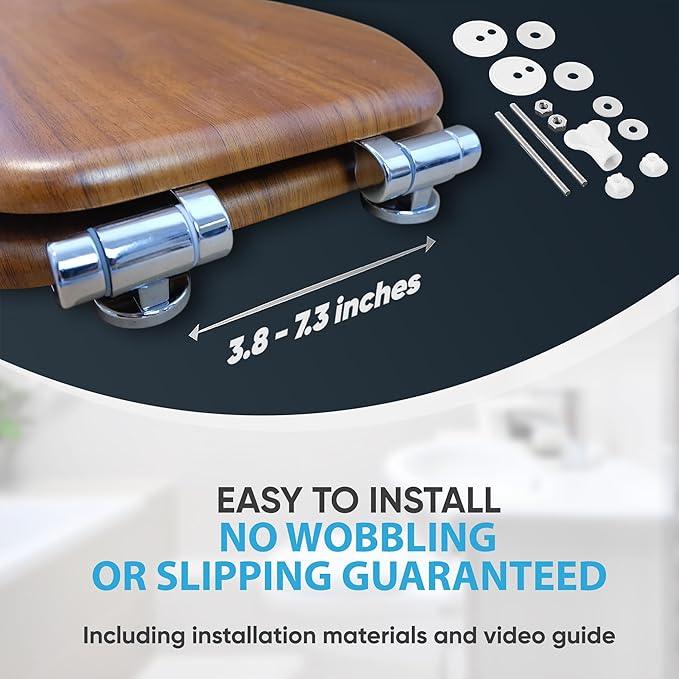 SANILO Wooden Toilet Seat with Soft Close [ELONGATED] - Decorative, Quiet & Slow Close Molded Wood Seat - With Strong Bumpers & Hinges - Adjustable Fit - Mahogany - ModernBath