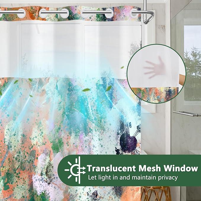 Abstract Colorful Shower Curtain with Liner, Watercolor Modern Aesthetic Bathroom Curtains, Hotel Style Double Layers No Hook Shower Curtain, Washable Waterproof Fabric, Green Yellow 71x74 inch - ModernBath