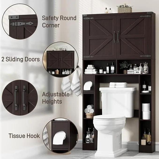 Vabches Over The Toilet Storage Cabinet, Farmhouse Storage Cabinet Over Toilet with 2 Barn Doors ，Toilet Paper Holder Stand，Home Space-Saving Toilet Rack, for Laundry, Restroom, Bathroom(Walnut) - ModernBath