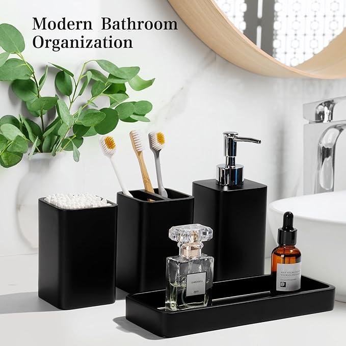 YMXYJM Bathroom Accessories Set, 4 Pcs Bathroom Accessory Set, Soap Dispenser, Toothbrush Holder, Qtip Holder Set, Bathroom Sets Complete, Bathroom Sink Set for Modern Home Decor, Black - ModernBath