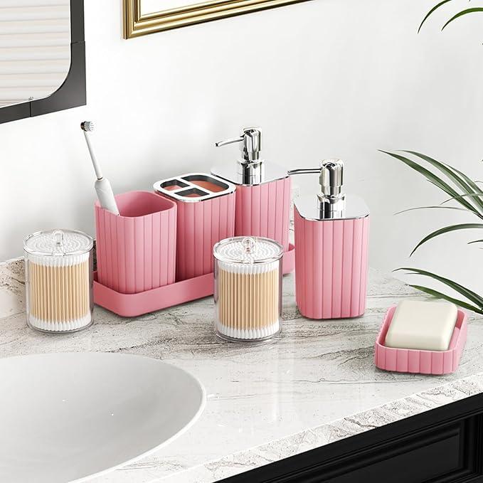 XLHOMO Pink Bathroom Accessories Set - Gorgeous Bathroom Set, 10PC Bathroom Accessory Set, Toilet Brush, Trash Can, Qtip Holder Dispenser & Soap Dispenser - ModernBath