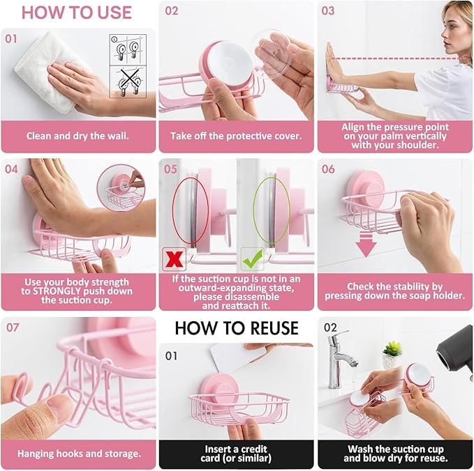 LEVERLOC Soap Holder Dish with Hooks for Shower, Bar Suction Cup Soap Tray Wall Mounted, Rustproof Stainless Steel Sponge Holder Caddy for Bathroom Bathtub Kitchen Sink, Pink - ModernBath
