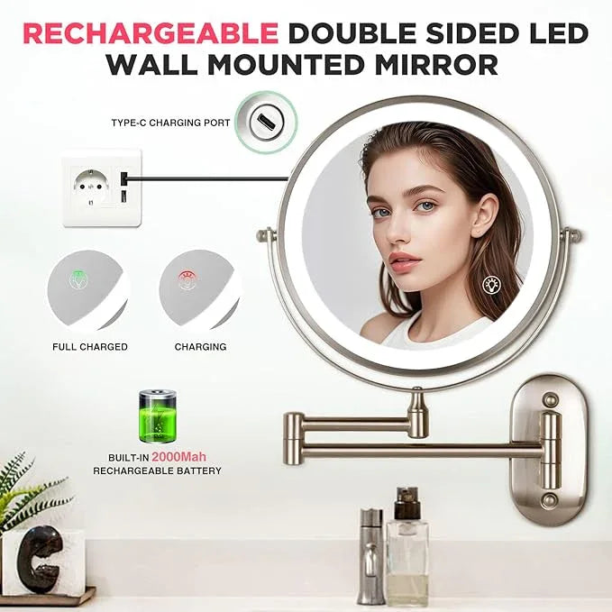 VORREMIRR 20X Magnifying Mirror with Light: 8.5 Inch Lighted Makeup Mirror, Wall Mount, 360 Rotation, Touch Screen, Rechargeable, Brushed Nickel - ModernBath