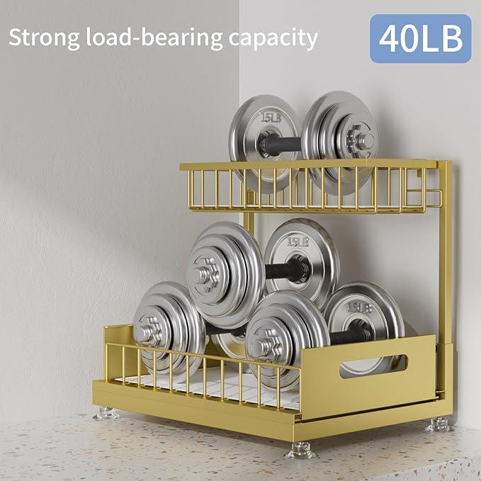 Under Sink Organizer Storage 2-Tier Premium Metal Pull-Out Racks, Height Adjustable, Heavy Dut and Easy Installation for Kitchen & Bathroom Organizers 1 Pack Gold - ModernBath