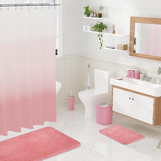 XLHOMO Bathroom Accessory Set–Bathroom Sets with Shower Curtain and Rugs, Non Slip Bathroom Rugs Super Absorbent, Pink Ombre Waterproof Shower Curtain with Hooks, Pink Bathroom Sets Complete for Home - ModernBath