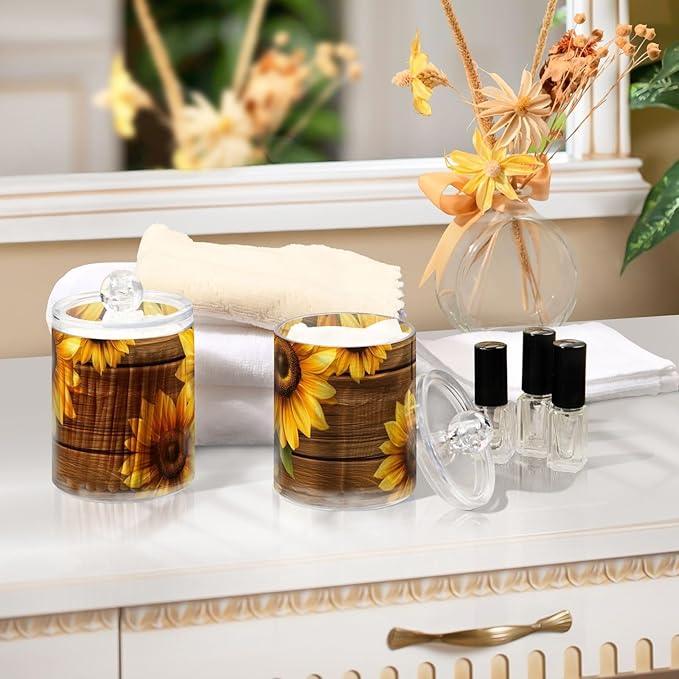Tatenale Qtip Holder Bathroom Set Q tip Cotton Ball Swab Pad Dispenser Container Organizer Plastic Jars with Lids Storage 2Pack Yellow Sunflower Butterfly - ModernBath