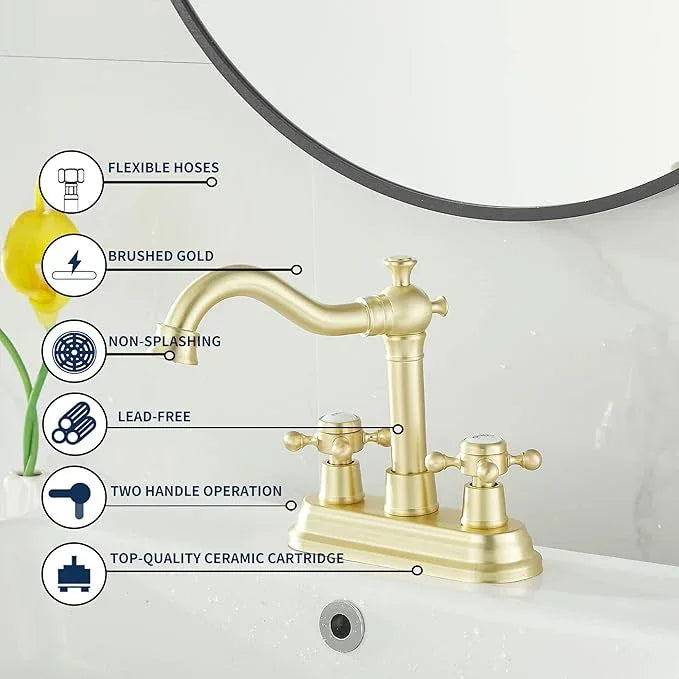 GGStudy Bathroom Faucet Brushed Gold 2 Handles 4 Inches Centerset Bathroom Vanity with Drain Assembly and Supply Hose Lavatory Faucet - ModernBath