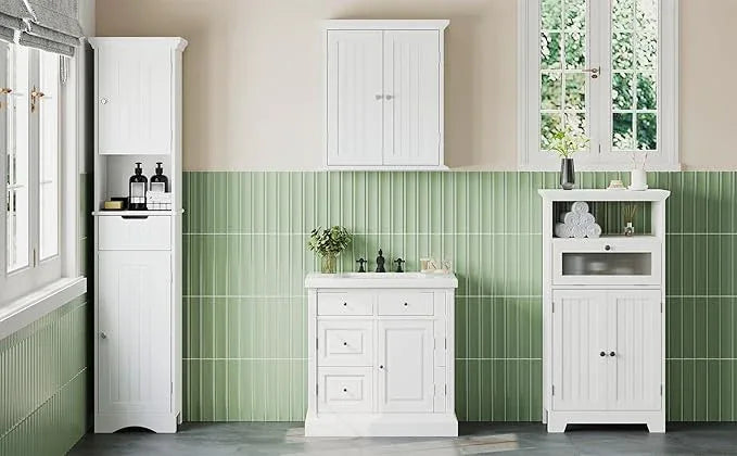ChooChoo Bathroom Floor Storage Cabinet with Flip Glass Drawer, Freestanding with 2 Doors, Adjustable Shelf & Open Storage for Living Room, Hallway, White - ModernBath