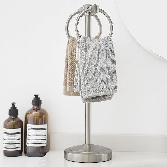 Hoimpro 17" Brushed Nickel Standing Towel Rack Bracket, Double Towel Ring Hand Towel Free Stand Holder Bathroom Hardware Accessories Set, Towel Bar for Bathroom Vanities and Kitchen Countertops - ModernBath