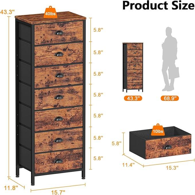 Furnulem Bedroom Dresser with 7 Drawers,Tall Industrial Fabric Chest of Drawers, Vertical Storage Tower Bedside Furniture in Living Room,Closet,Entryway-Sturdy Steel Frame(Rustic Brown) - ModernBath
