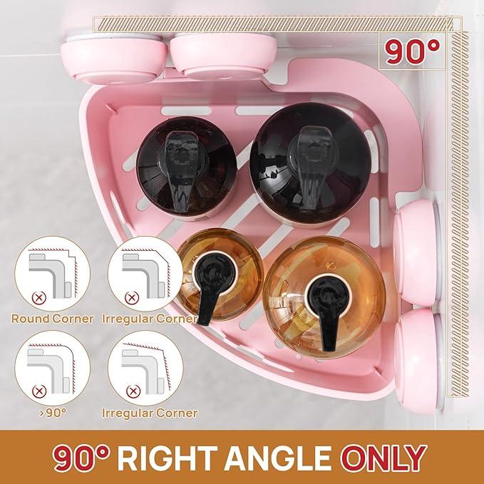 LEVERLOC Corner Shower Caddy Suction Cup, Powerful Suction Bathroom Shower Shelf, Waterproof and Rustproof Organizer for Bathroom Storage and Kitchen, No-Drilling Removable, Pink - ModernBath