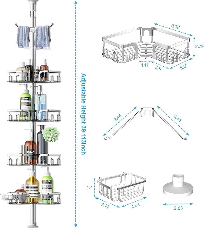 Corner Shower Caddy Tension Pole,39-113 inch Adjustable Rustproof Floor Standing Bathroom Shower Organizer Shelf with 4 Basket for Bathtub,Inside Shower Shampoo Storage Silver - ModernBath