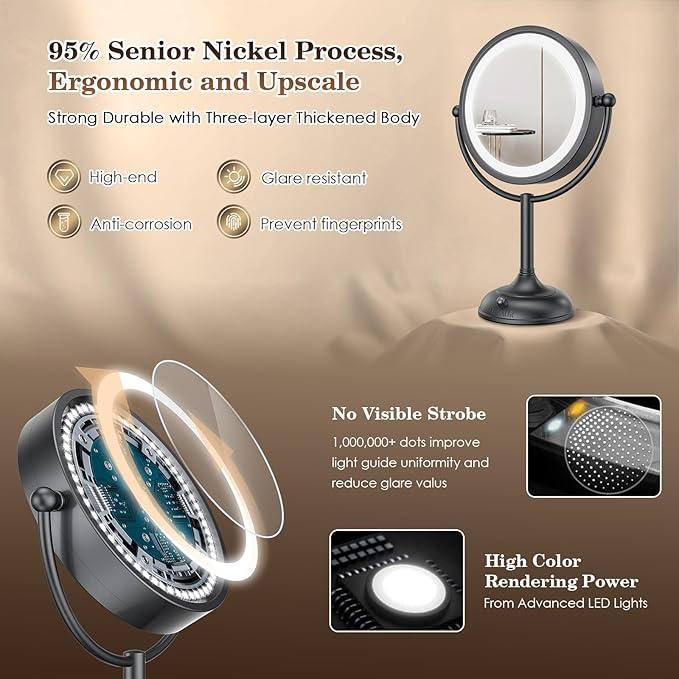 VESAUR Professional 8.5" Lighted Makeup Mirror, 1X/10X Double Sided HD Undistorted Magnifying Mirror with 3 Color 90 Dimmable LED lights, 360° Rotation Vanity Mirror, Unique Black Nickel with Gift Box - ModernBath