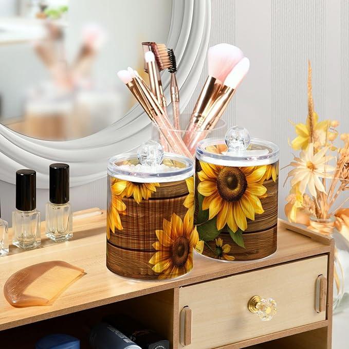 Tatenale Qtip Holder Bathroom Set Q tip Cotton Ball Swab Pad Dispenser Container Organizer Plastic Jars with Lids Storage 2Pack Yellow Sunflower Butterfly - ModernBath
