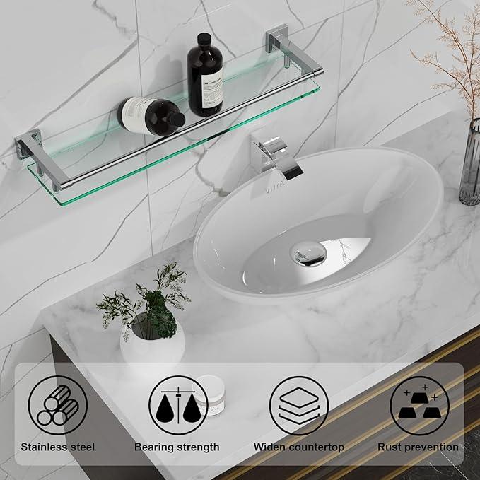 Glass Shelf for Bathroom Wall Sheves 24 inches Rectangular Stainless Steel Tempered Glass Modern Wall Mount Accessories Organizers Storage (Chrome Polished, 24‘’) - ModernBath
