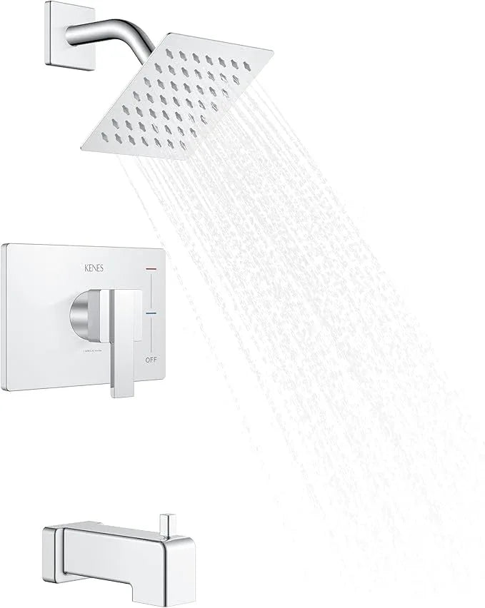 KENES Chrome Tub and Shower Trim Kit, Square Tub Shower Faucet Set Complete with 6-Inch Rainfall Shower Head and Tub Spout, KE-6025A-5 (Shower Valve Included) - ModernBath