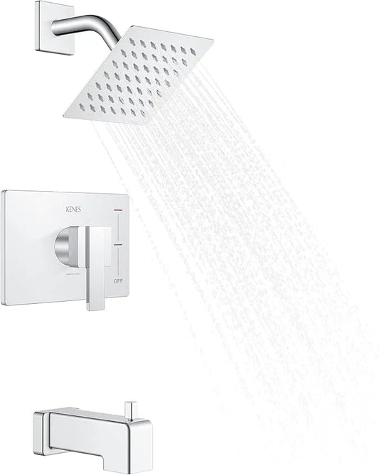 KENES Chrome Tub and Shower Trim Kit, Square Tub Shower Faucet Set Complete with 6-Inch Rainfall Shower Head and Tub Spout, KE-6025A-5 (Shower Valve Included) - ModernBath