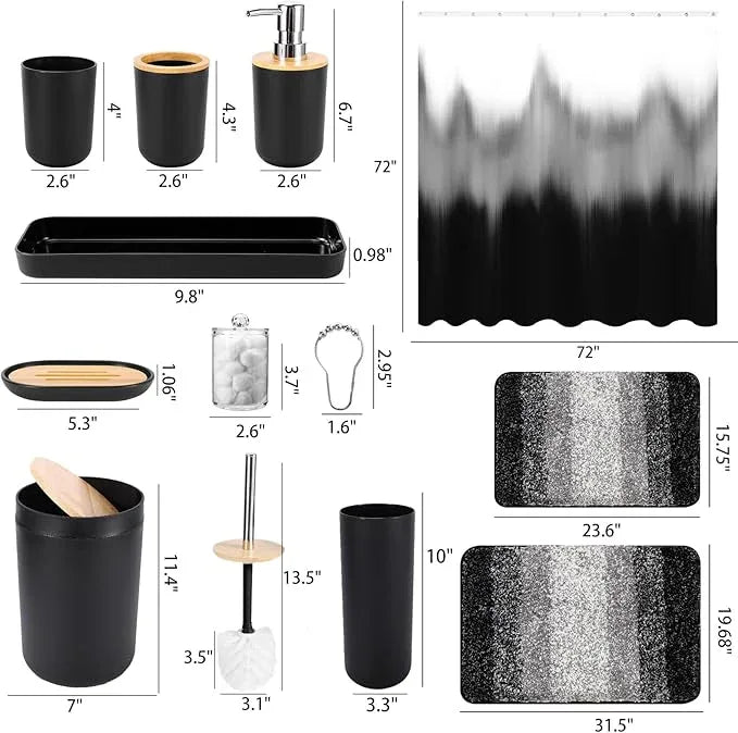 iMucci Bathroom Accessories Black Bathroom Sets with Shower Curtain and Rug, Black Ombre Waterproof Shower Curtain with Ultra Absorbent Rug Bathroom Accessories Set for Home Decor - ModernBath