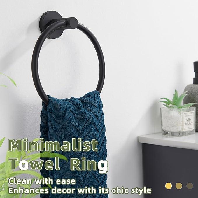 APLusee Round Hand Towel Ring for Bathroom Wall, Solid Stainless Steel Wall Mounted Bathroom Towel Holder, Modern Matte Black - ModernBath