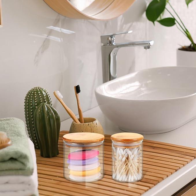 Dandat 6 Pack Glass Apothecary Jars with Lids Bamboo Bathroom Jars Cotton Ball Pad Round Swab Holder Dispenser Vanity Canisters for Countertop Storage Hair Ties Floss Organizer, 8.5 oz and 10.8 oz - ModernBath