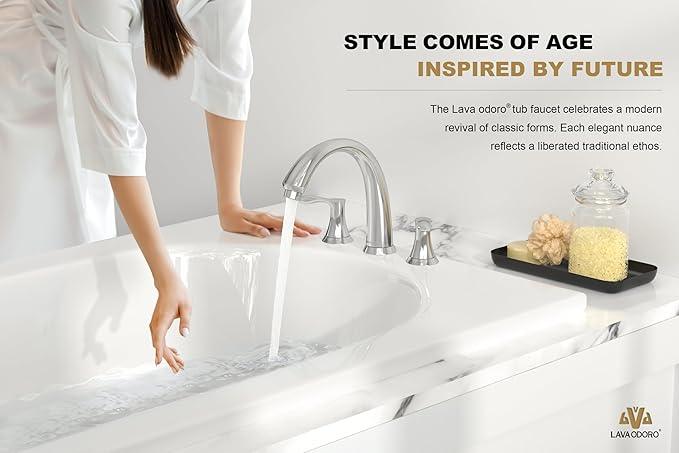 Chrome Roman Tub Faucet, Lava Odoro Chrome Bathtub Faucet with Valve, High Flow 2 Handle Deck Mount Tub Faucet, Solid Brass 8 inch Widespread 3 Hole Tub Filler TF405-C - ModernBath