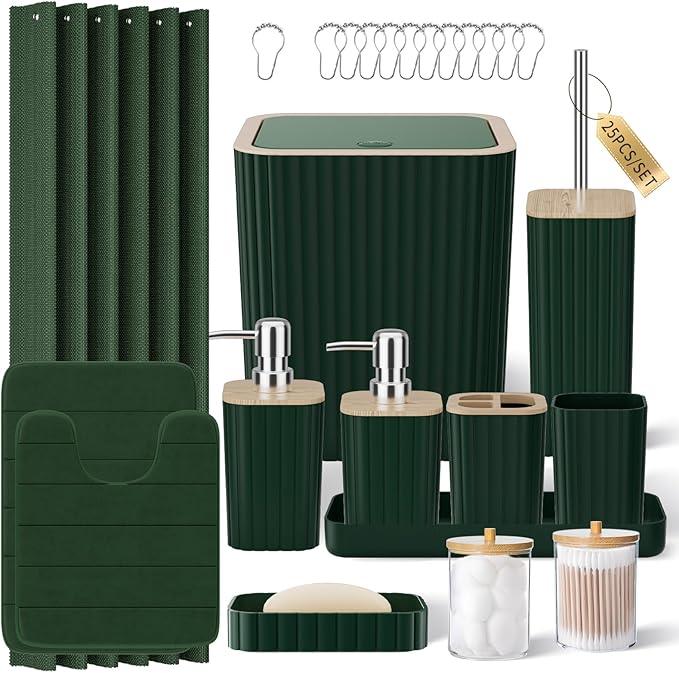 XLHOMO Bathroom Accessories Set - 25PC Green Bathroom Set, Bathroom Set with Shower Curtain and Rugs, Green Shower Curtain Set, Toilet Brush, Bathroom Trash Can - ModernBath