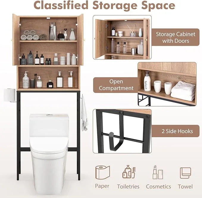 Over-The-Toilet Storage Cabinet, Metal Frame, Adjustable Shelf & Open Compartment, Freestanding Bathroom Organizer for Toilet & Laundry Room - ModernBath